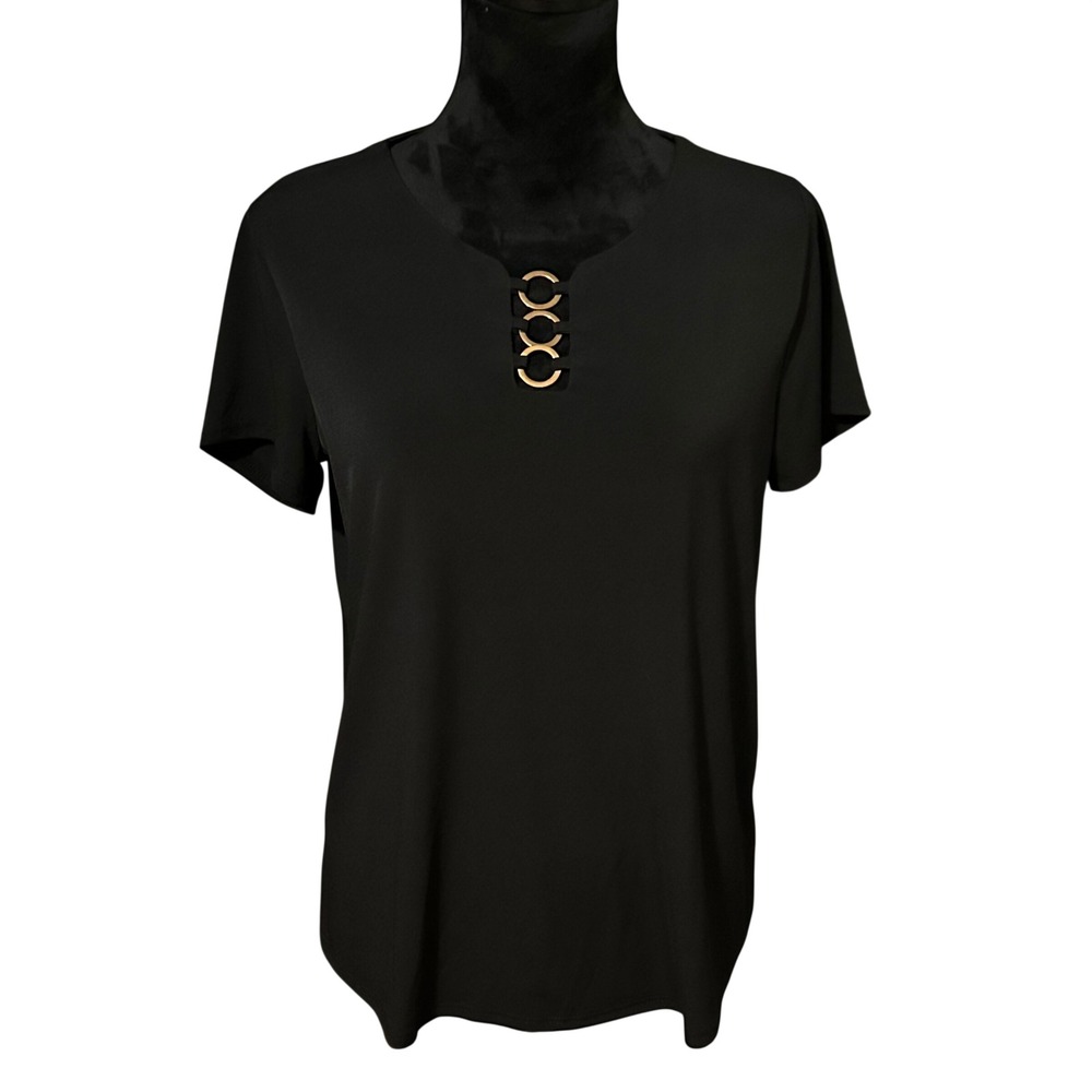 Blue‎ Mood Black Top Medium Gold Hardware Neck Minimalist Stretch Modern Classic